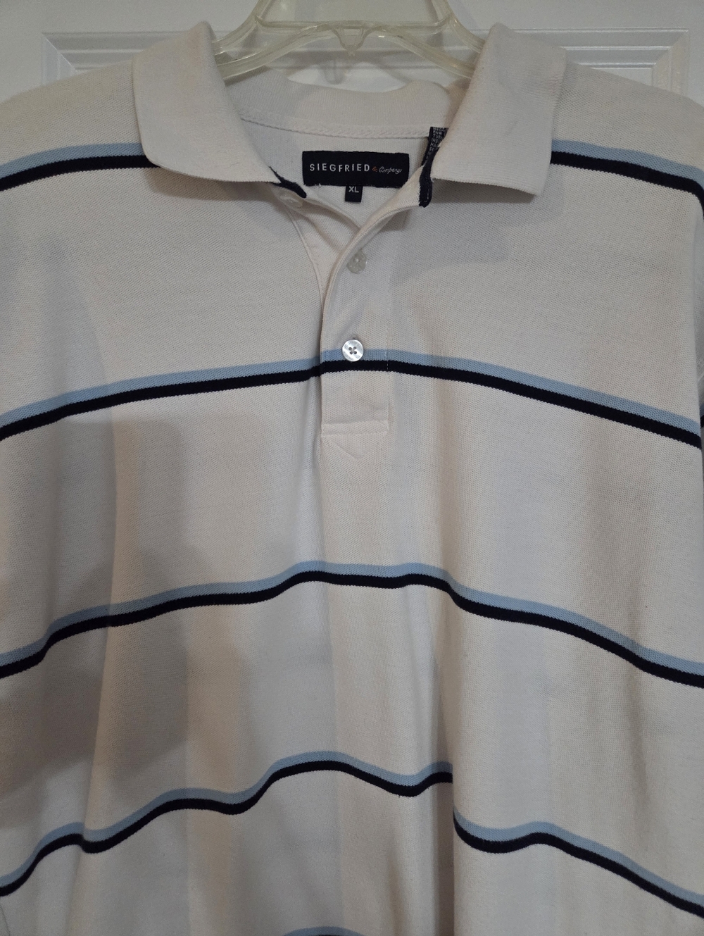 Vintage Siegfried Cream Polo Shirt with Navy and Light Blue Stripes